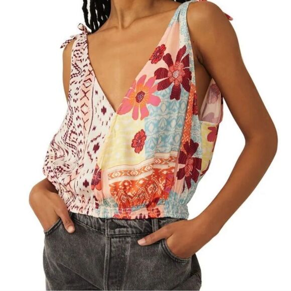 NWT Free People Tied To You Patchwork Boho Tank Top Sz XS Floral V-Neck Festival - Picture 1 of 11